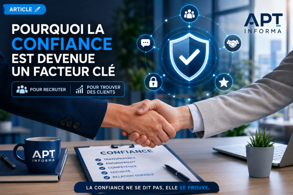 Deux professionnels se serrant la main dans un bureau, entourés de symboles représentant la sécurité, le recrutement, la communication et la satisfaction client, sous l’identité visuelle d’APT Informa.