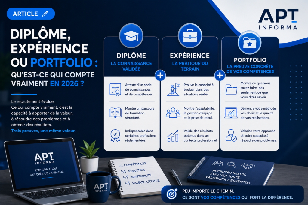 Infographie APT Informa comparant le diplôme, l’expérience professionnelle et le portfolio comme trois preuves complémentaires des compétences en 2026.