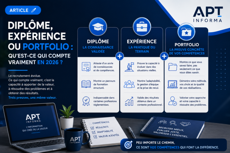 Infographie APT Informa comparant le diplôme, l’expérience professionnelle et le portfolio comme trois preuves complémentaires des compétences en 2026.